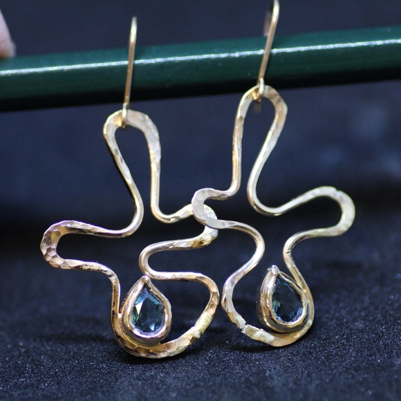 Szendrei Jewelry - Handmade Natural Swiss Blue Topaz Earrings Solid 14K Yellow Gold 4th Anniversary